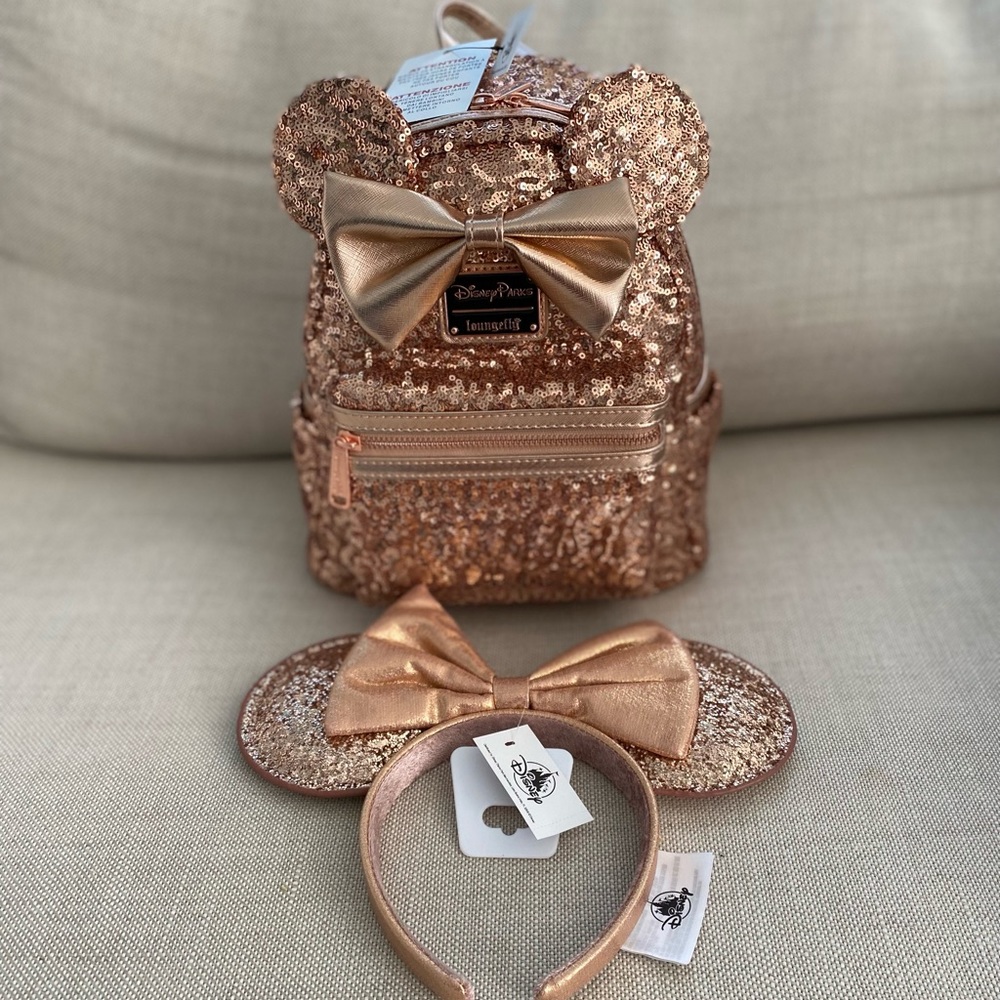 Loungefly mini backpack + Minnie ears rose gold sequin